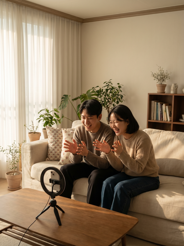 친구 듀오가 함께 숏폼 영상을 촬영하는 모습