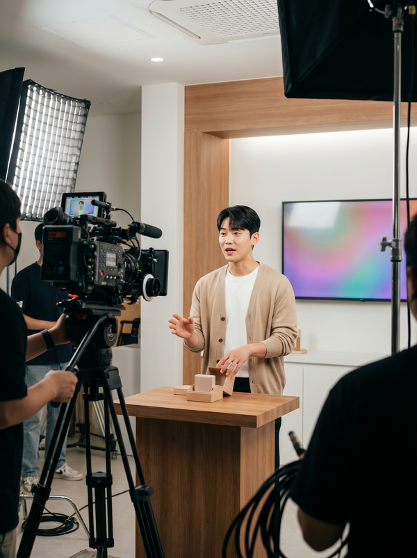 스튜디오에서 라이브 커머스를 진행 중인 호스트