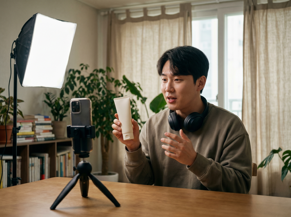 자택 스튜디오에서 제품 리뷰 영상을 촬영 중인 인플루언서