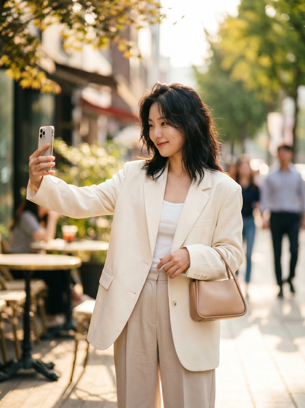 서울 거리에서 셀카로 스타일링을 촬영 중인 패션 인플루언서